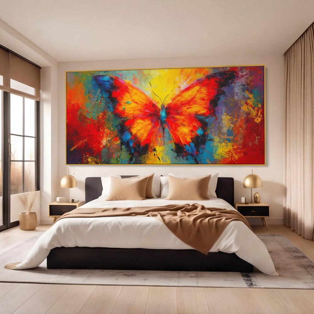 Tablou canvas cu pictura orizontala cu fluture colorat, in rama de aluminiu auriu, pe perete intr-un dormitor
